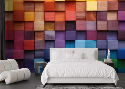 Colorful background of wooden blocks, showcasing a spectrum of hues ideal for artistic covers or creative projects. Wall mural