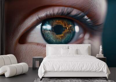 Explore a close-up of a person's eye embodying AI technology, showcasing the fusion of humanity and innovation in a futuristic setting. Wall mural