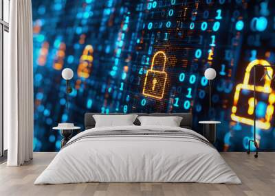 Explore the essence of cybersecurity with a close-up view of a digital padlock icon and binary code on a computer screen, symbolizing robust digital security. Wall mural