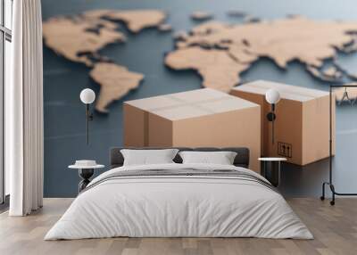 Global Logistics, two brown shipping boxes positioned on a sleek surface with a world map in the background symbolizing international trade and commerce. Wall mural