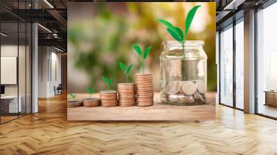 Growing up money keep for the future.Plant on coins for financial and investment concept. Wall mural