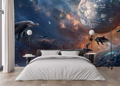 Motion filled scene of dolphins and wizards with a backdrop of the Trojan War and cosmic webs Wall mural