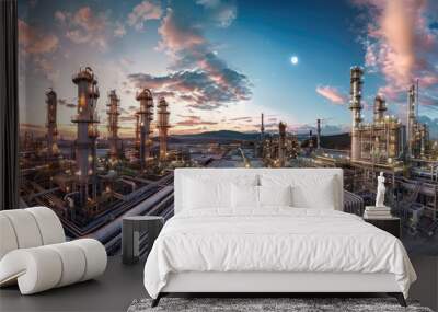 Oil refinery factory panorama showcasing an overall view of oil and gas installation in an industrial plant, highlighting the infrastructure and machinery. Wall mural