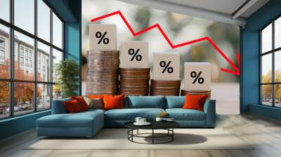 Percentage sign on wooden cubes with Stack of coin bar chart and red graph trending downwards on nature background. Economy recession crisis, inflation, stagflation,business and financial loss concept Wall mural