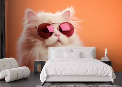 Stylish white cat wearing sunglasses against a peach color background. It's a portrait of pet fashion and cat elegance. Wall mural