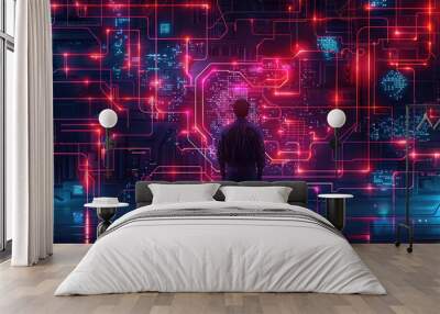 The synergy of technology and business with a futuristic businessman standing before a holographic interface, offering ample copy space for innovative concepts and strategies. Wall mural