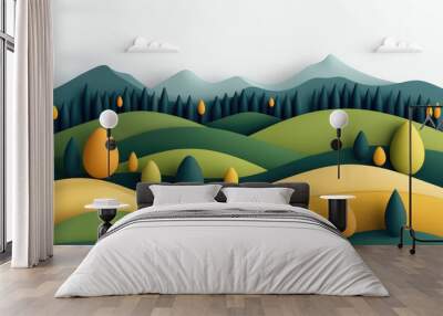 Vibrant rolling hills adorned with layered greens and hints of yellow and orange, creating an abstract landscape of natures serene beauty under soft clouds. Wall mural