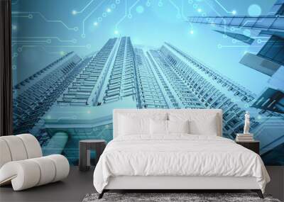 abstract background of building with digital sign in concept of real estate business with digital technology Wall mural