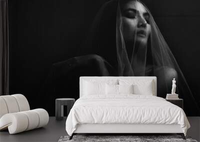 fine art nude photography of Asian female in dark tone in black and white Wall mural