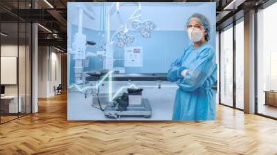 Hispanic female surgery doctor with background of hospital empty operation room Wall mural