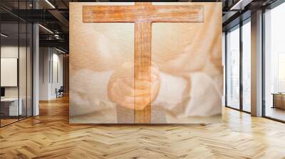 holy bible on table in chruch and man praying for god blessing Wall mural