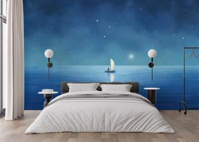 minimalist abstract illustration of a lone man on sailboat in wavy blue sea at night with ethereal dreamscapes art style, generative AI Wall mural