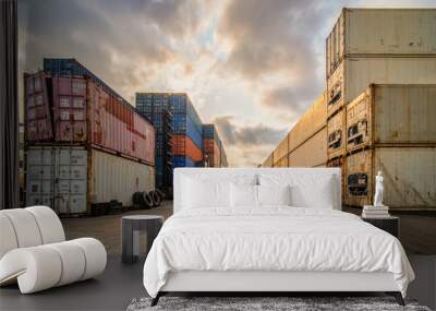 perspective view of containers at containers yard with forklift and truck Wall mural