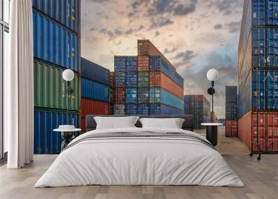 perspective view of containers at containers yard with forklift and truck Wall mural