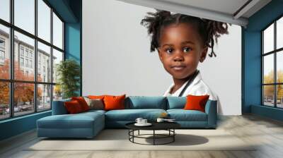 5 year old black girl wearing doctor's uniform, white background, dream job Wall mural