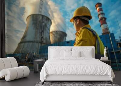 Nuclear power plant engineer A man with a beard in a protective helmet and an orange vest stands against the background of a nuclear power plant. Work inspection Wall mural