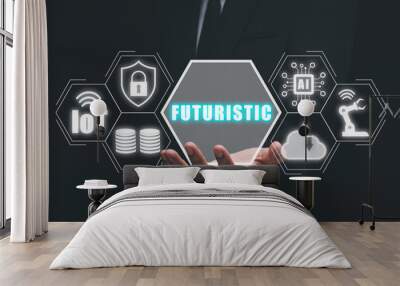 Futuristic concept, Businessman hand holding futuristic icon on virtual screen. Wall mural