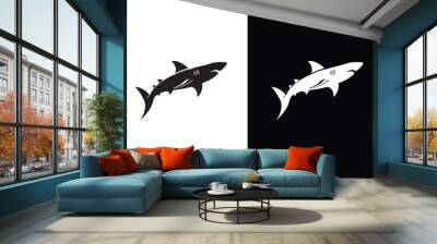 shark silhouette icons on a white and black background. Wall mural