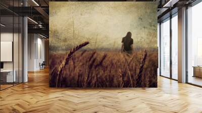 girl in wheat field paper texture background Wall mural