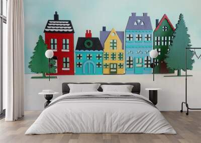 Colorful Row Homes with Two Evergreens Cutouts with White Ground and Blue Sky Background Wall mural