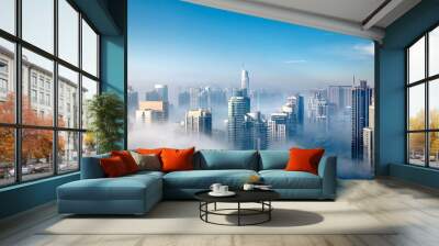 Dubai skyline,  aerial top view of the city in Dubai Marina on a foggy day Wall mural