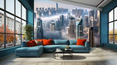 Dubai skyline, an impressive aerial top view of the city in Dubai Marina on a foggy day Wall mural