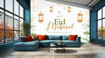 eid mubarak celebration with tropical leaves and lantern Wall mural