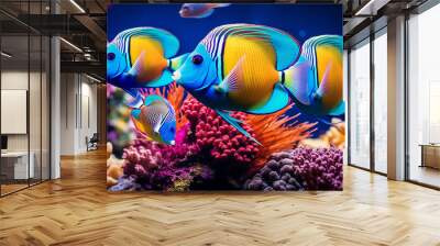 there are three fish swimming in a tank with corals Wall mural