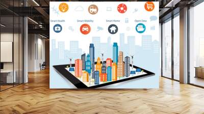 Smart city on a digital touch screen tablet with different icon and elements and environmental care.Modern city design with  future technology for living. Controlling your home appliances with tablet Wall mural