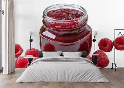 A jar with raspberry jam surrounded by raspberry fruits on a transparent background Wall mural