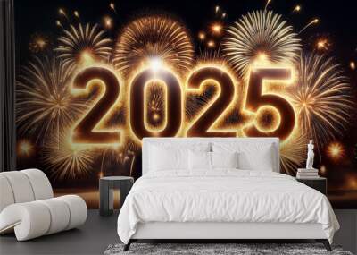 Fireworks and luminous golden inscription 2025 in the night sky. New Year's Eve background Wall mural