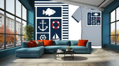 Print on t-shirt graphics design sailor stripes, nautical icons collections anchor, fish carp, sailing boat, rudder, lifebuoy, isolated on white background vector Wall mural