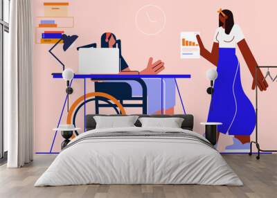 Collaborators, woman at work, wheelchair, workers, professional. Flat vector illustration. Character design Wall mural