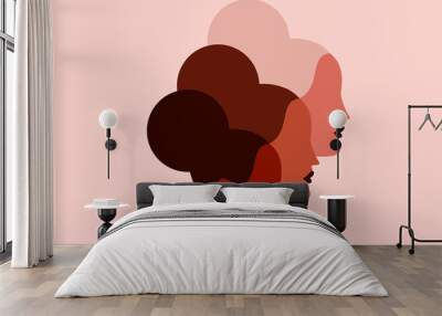 Colorful illustration of three women faces of different skin tones, colors. Female heads side by side, next to each other. Concept on diversity, inclusiveness, sisterhood on white, isolated background Wall mural