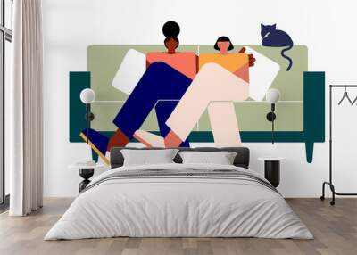 Concept on modern family. Two women sitting on a couch. Diverse gay couple at home with their cat. Colorful vector illustration. Better together Wall mural