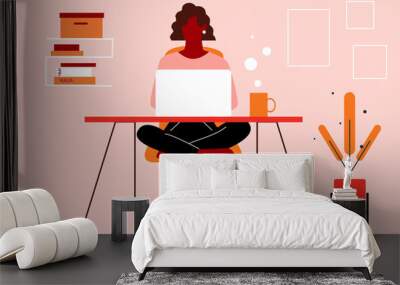 Dark-skinned woman working from home, running virtual business. Concept illustration on remote working, women in business, female entrepreneur. Wall mural