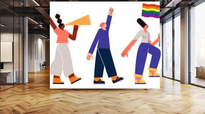 Group of protesters, activist, people marching, holding pride flag. Colored flat vector illustration isolated on white background for banner, post or social media Wall mural