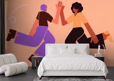 High five. Two women celebrating. Character design. Flat illustration Wall mural