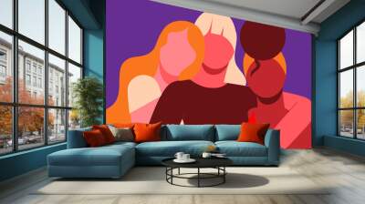 Three women of different ethnicity. Colorful vector illustration. Diversity, friendship, unity, emotional support Wall mural