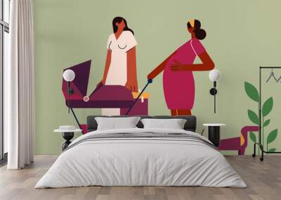 Two black female friends with stroller, walking and chatting in the park. Pregnant woman, mother. Minimal colorful fun vector illustration on green background Wall mural