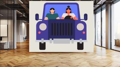 Two women traveling by car, SUV, driver, journey, trip, on the road. Flat vector illustration isolated on gray background Wall mural