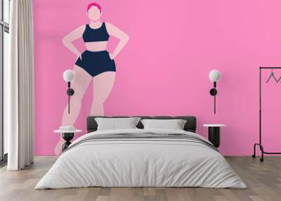 White woman, girl standing in her black underwear, swimsuit. Proud of her body, body positive. Concept on unrealistic feminine beauty standards. Flat vector illustration on pink background for article Wall mural