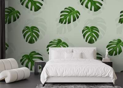 Monstera - egzotyczne liście. Powtarzalny wzór złożony z liści tropikalnej rośliny na jasnym tle.	
 Wall mural