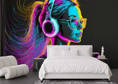 Neon silhouette of a woman with a smartphone and headphones on her ears. Black background, neon drawing Wall mural