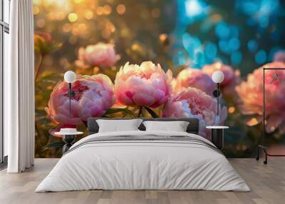 Peonies and butterflies. Summer garden in the rays of the setting sun Wall mural