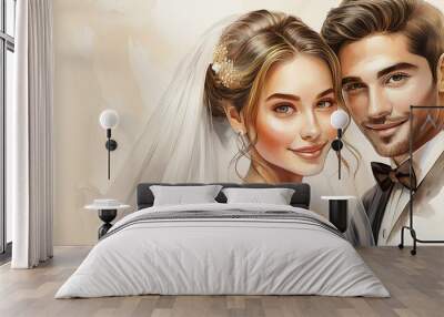 Portrait of a young couple. Wedding background with place for text. Drawing, watercolor Wall mural