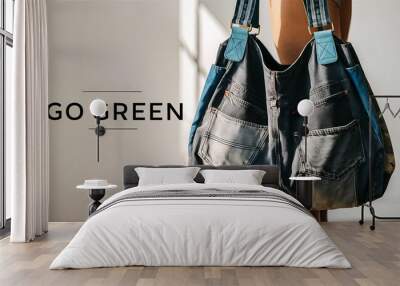 A bag made of old jeans reuse concept green environment zero carbon save planet awareness banner waste management business with copy space  Wall mural