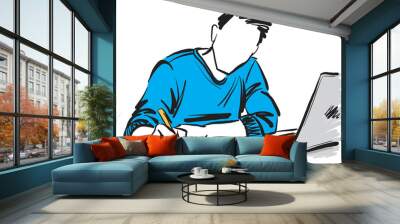 man working in front a laptop computer and writing work concept vector illustration Wall mural