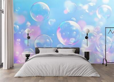  Pastel rainbow colored soap bubbles flying in the sky background, generative ai Wall mural