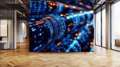 a digital pipeline shaped by vibrant blue matrix binary code, generative ai Wall mural